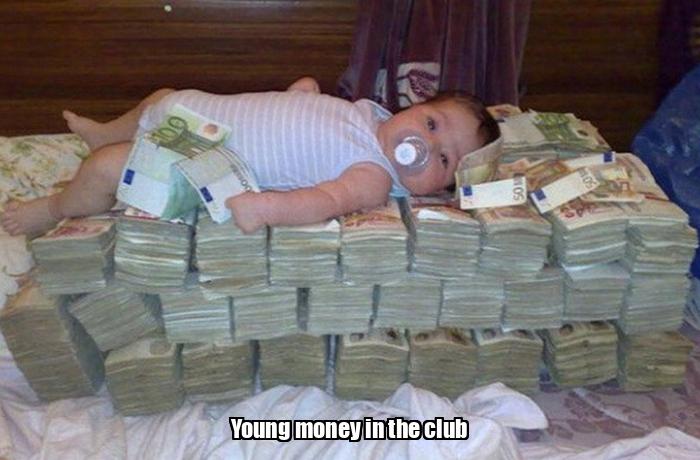 Funny pictures with captions - A baby on top of a pile of money (euros)